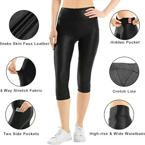 NWT - Retro Gong Faux Leather High Waisted Capri Leggings  with Pockets - Size M - Picture 5 of 9